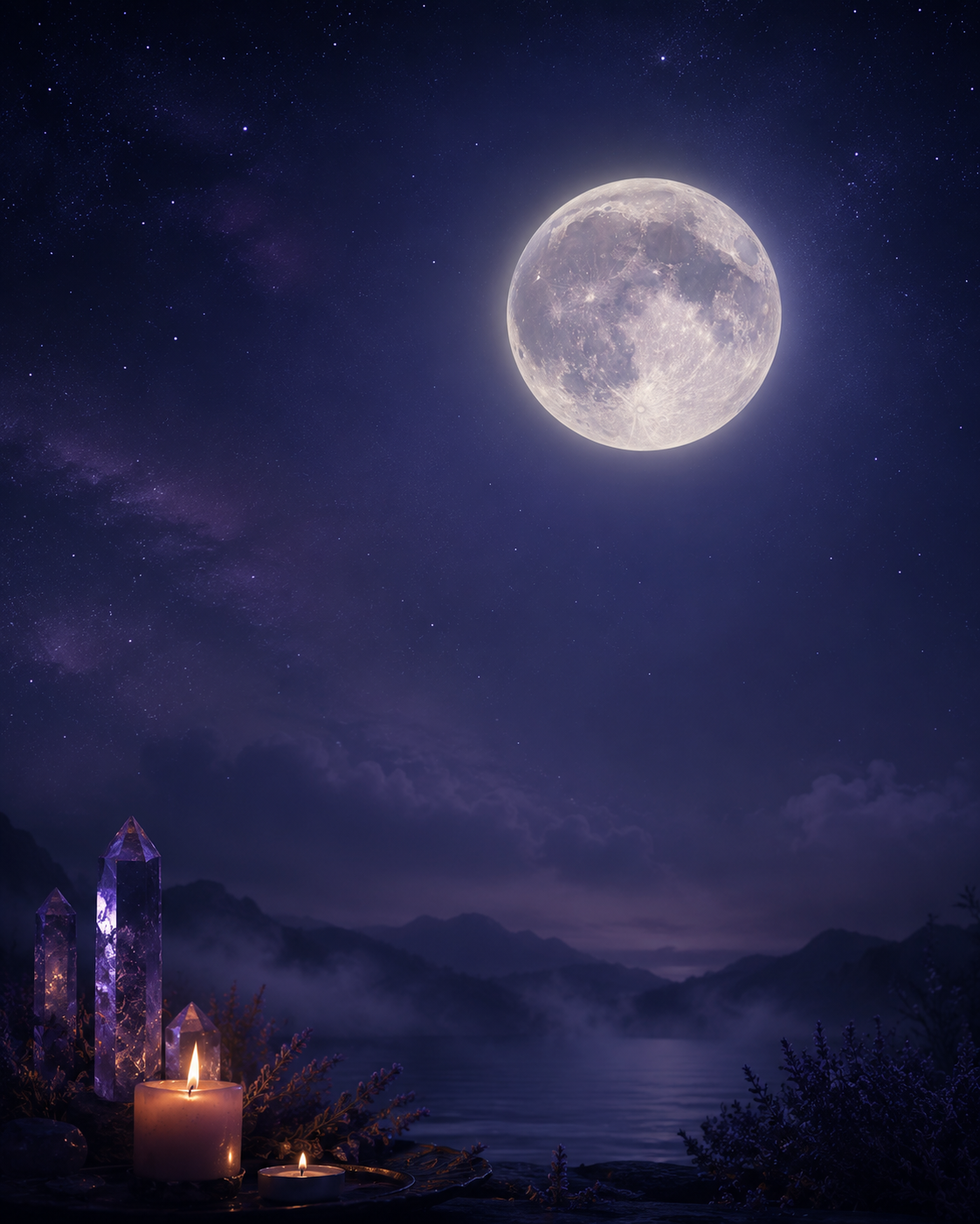 Cosmic energy, moonlight, crystals, candles, and spiritual timing